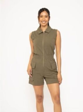 Sleeveless Olive Utility Romper with Front Zip
